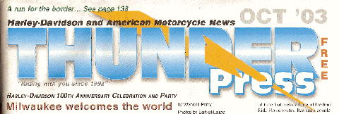 Thunder Press masthead from October 2003 issue. Harley-Davidson and American Motorcycle News.